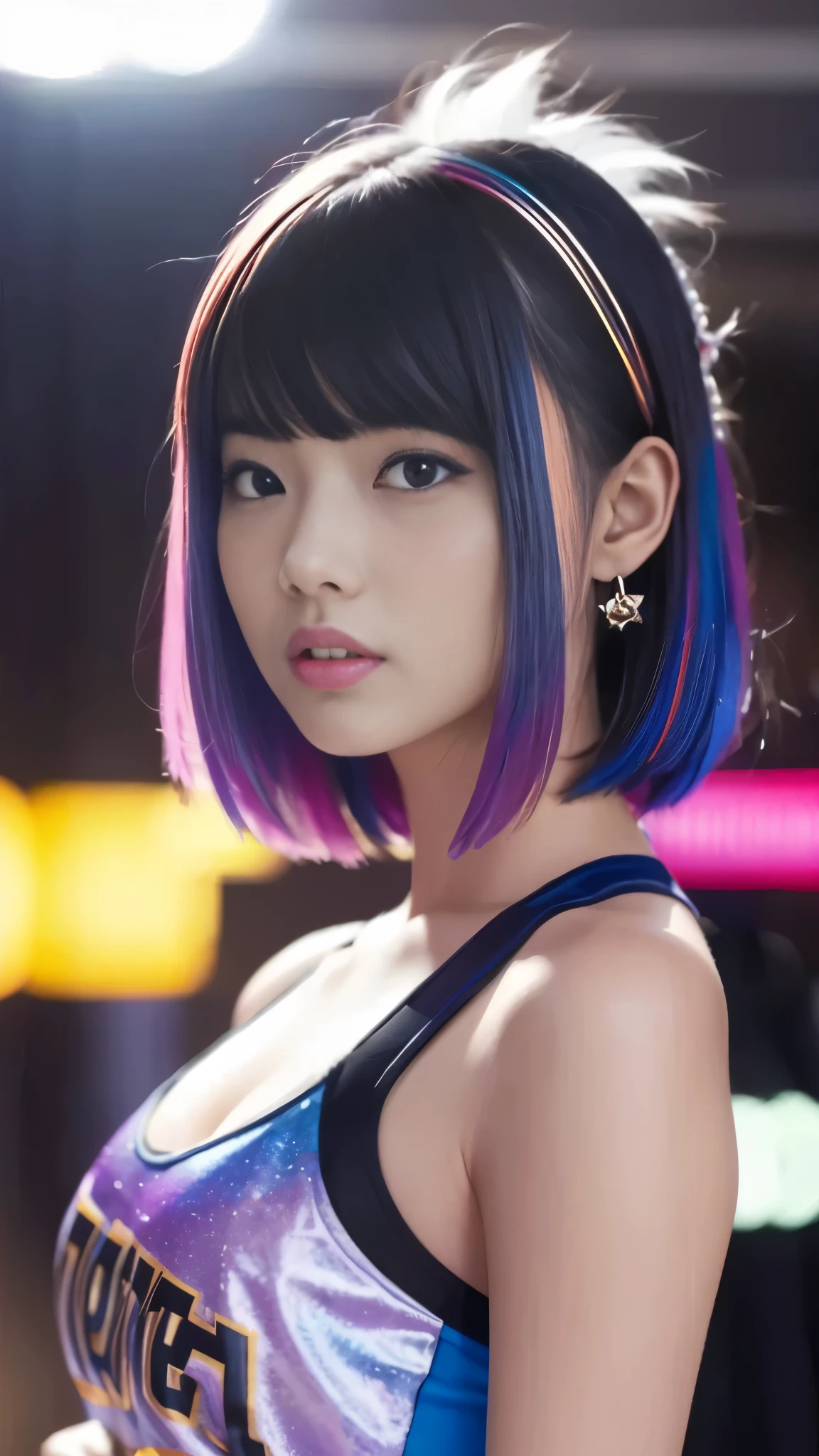 (realism、realistic、Photoreal)、 1 girl, solo, long bob,cheerleader、cheer leading、colorful uniform、science fiction tic、  (in the middle of the night), Bokeh, neon light, starry sky, 白くshining hair, white eyebrows, shining hair, (rainbow colored hair), Nipple Ring, bangs,  beautiful face, blurry背景, blurry, hair ornaments, look at the audienceください, short hair, portrait, side lock、masterpiece、highest quality、Highest image quality、highest resolution、Super detailed、Super exquisite、(Realistic textured skin and face)、look at the audience、dynamic pose、dynamic action、support、smile、Jumping、