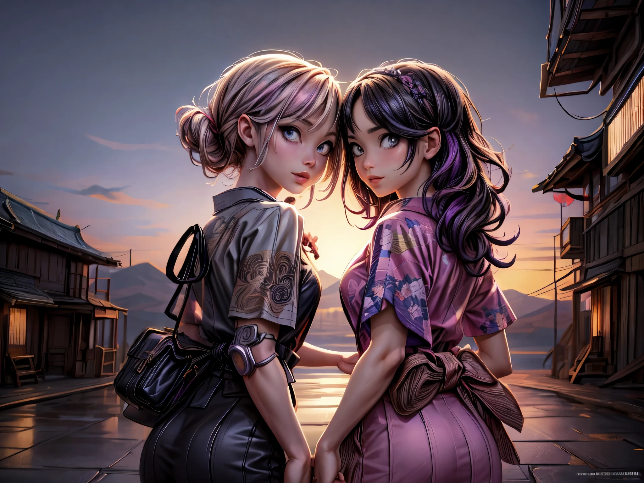 Anime - style illustration of two women with purple hair and black hair., Beautiful sisters in black and pink yukata, Steam Punk City on Background, Detailed digital anime art, Gouache style art, artgerm artgerm and wlop, Argerm style, High quality detailed artwork. 8k has a picture of an ancient Japanese castle in the background.