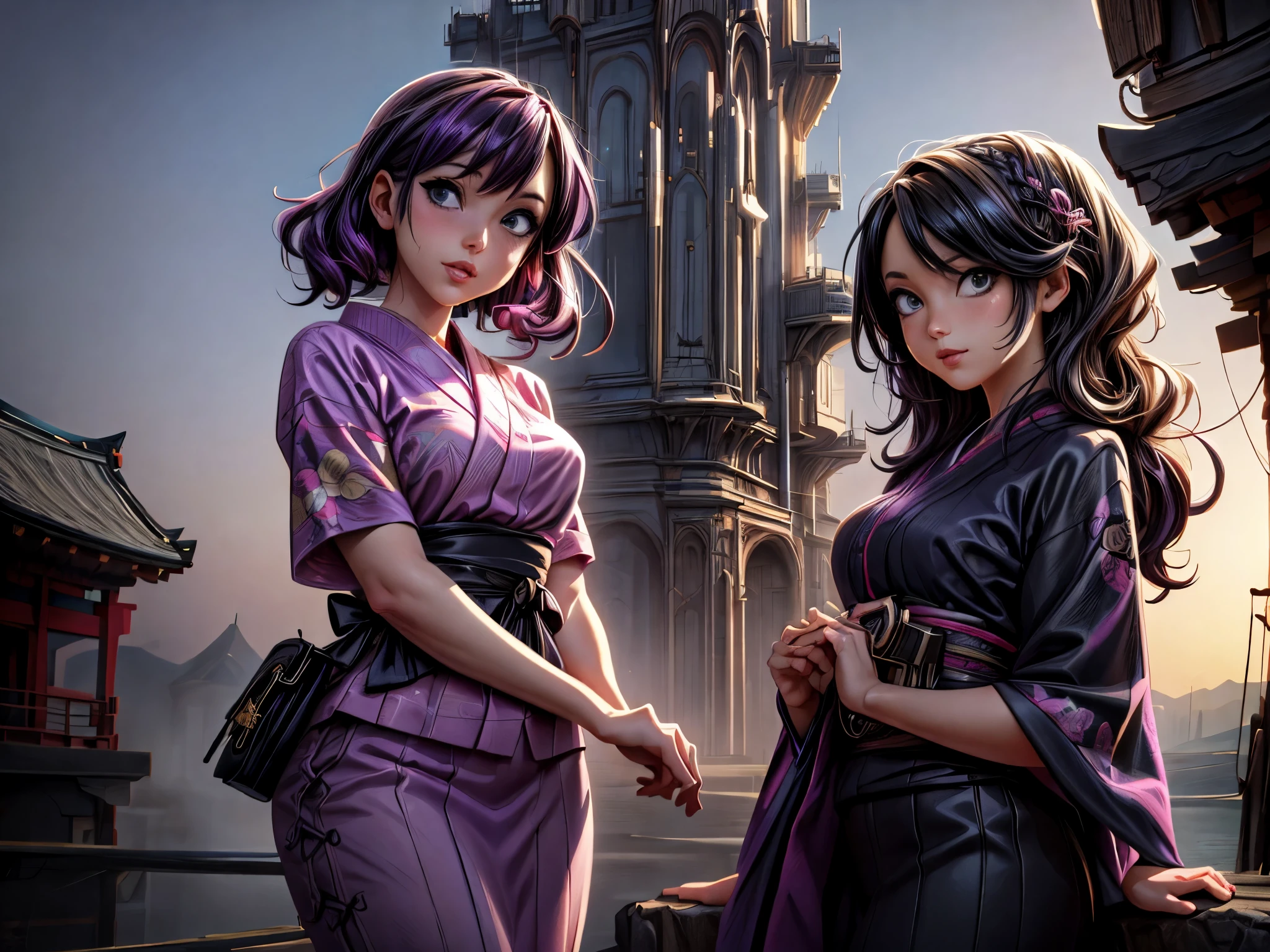 Illustration im Anime-Stil von zwei Frauen mit lila und schwarzen Haaren., Schöne Schwestern im schwarzen und rosa Yukata, Steam Punk City im Hintergrund, Detaillierte digitale Anime-Kunst, Kunst im Gouache-Stil, artgerm artgerm and wlop, Argerm-Stil, Hochwertige, detaillierte Kunstwerke. 8k hat ein Bild einer alten japanischen Burg im Hintergrund.