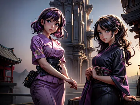 Anime - style illustration of two women with purple hair and black hair., Beautiful sisters in black and pink yukata, Steam Punk...