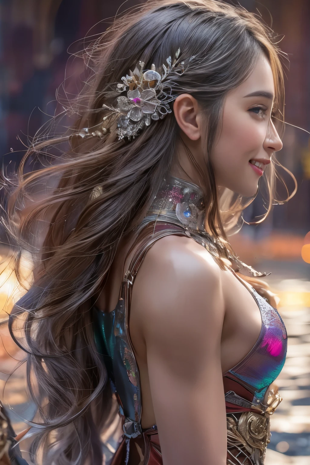 (highest quality, High resolution, masterpiece:1.2), Super detailed, (realistic, realistic, realistic: 1.37), (One beautiful Russian girl with a big round butt photographed from behind:1.6), (she is by the lake) (incredibly beautiful natural scenery:1.3), She wears elaborate and beautiful armor with jewels。. she has the most beautiful face in the universe, smile charmingly at the viewer. (NSFW:1.2), flat chest, beautiful nipples, toned body, (expression of ecstasy: 1.2), From the side, 16 years old,  (sexy and glamorous:1.1), (coquettish expression: 1.6), (small breasts with raised areolas: 1.6), (sexy smile: 1.2), (erotic pose: 1.5), Beautiful and seductive face, (Super detailed skin texture: 1.4), perfect anatomy, (Beautiful and toned body and abs:1.1), (moist skin: 1.21), (Odango hairstyle:1.36), no makeup, Bear,  (thick eyebrows:1.2), (Detailed iridescent eyes:1.4), Beautiful eyes with high bilateral symmetry, (highly detailed eyes:1.4), (High resolutionの目:1.1), (emilia clarke:0.3) (emma watson: 0.3), (jennifer connelly: 0.3), (sensual face :1.5), cyberpunk sci-fi, (Gauntlet with intricate and beautiful design:1.2), background blur, Foreground blur, Depth of the bounds written, (motion blur:1.1), Intricate and colorful biomechanical body suit, (small breasts: 1.2), transparent chest, big hips, grab your chest, (smile seductively:1.6)