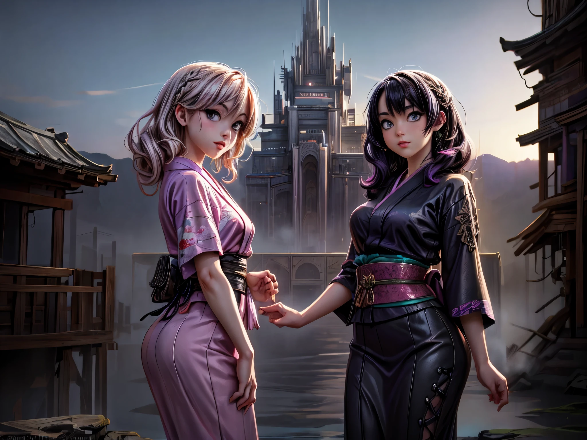 Illustration im Anime-Stil von zwei Frauen mit lila und schwarzen Haaren., Schöne Schwestern im schwarzen und rosa Yukata, Steam Punk City im Hintergrund, Detaillierte digitale Anime-Kunst, Kunst im Gouache-Stil, artgerm artgerm and wlop, Argerm-Stil, Hochwertige, detaillierte Kunstwerke. 8k hat ein Bild einer alten japanischen Burg im Hintergrund.