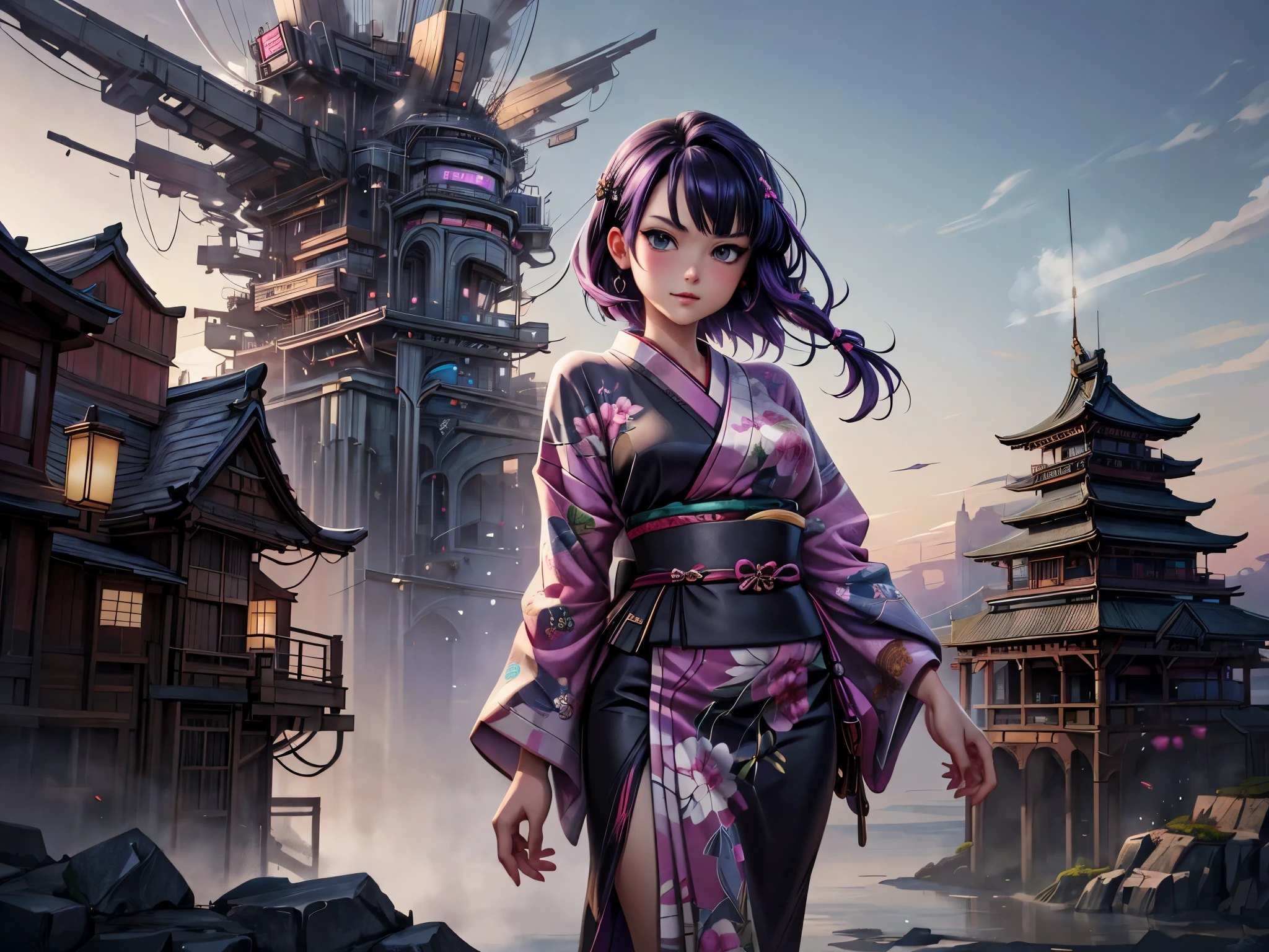 Anime - ilustración de estilo de dos mujeres con cabello morado y cabello negro., Hermosas hermanas en yukata negro y rosa., Comportamiento arrogante, Magnífico y majestuoso,  Ciudad Steam Punk en el fondo, arte de anime digital detallado, Arte estilo gouache, artgerm artgerm y wlop, estilo argem, ilustraciones detalladas de alta calidad. 8k tiene una imagen de un antiguo castillo japonés de fondo..