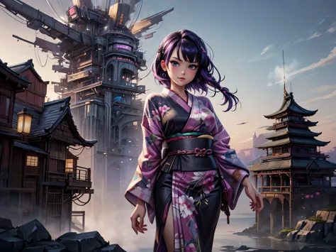 Anime - style illustration of two women with purple hair and black hair., Beautiful sisters in black and pink yukata, Arrogant d...
