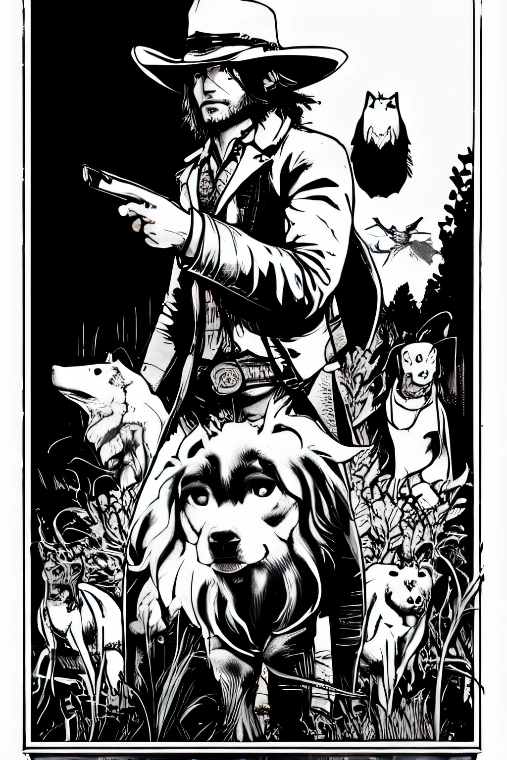 John Marston with wolfes in black-white colours
