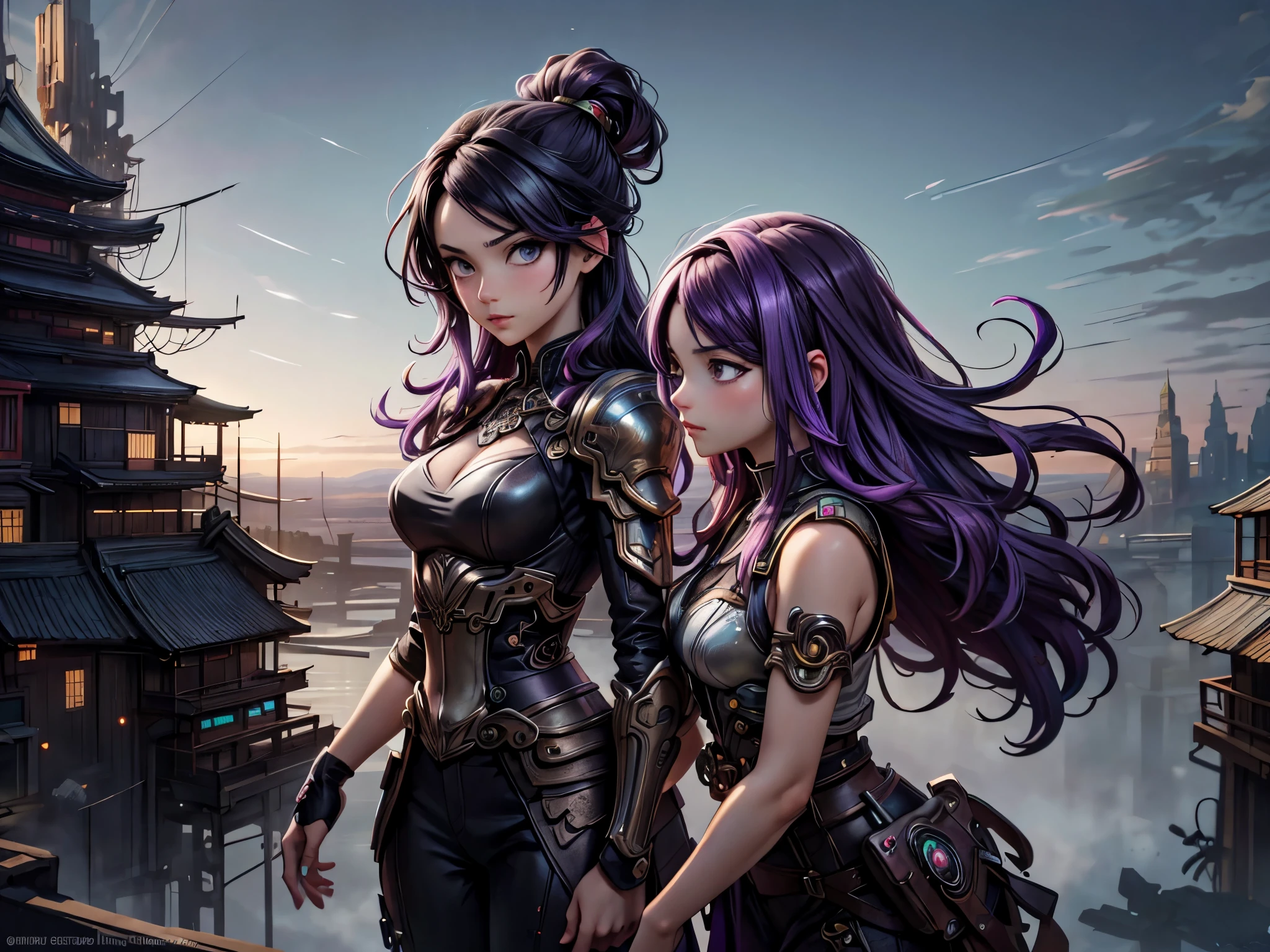 Anime - style illustration of two women with purple hair and black hair., Beautiful sisters in black and pink Japanese armor., Arrogant demeanor, Magnificent and majestic, Steam Punk City on Background, Detailed digital anime art, Gouache style art, artgerm artgerm and wlop, Argerm style, High quality detailed artwork. 8k has a picture of an ancient Japanese castle in the background.