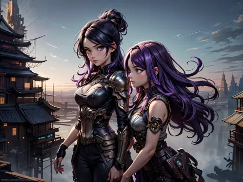Anime - style illustration of two women with purple hair and black hair., Beautiful sisters in black and pink Japanese armor., A...