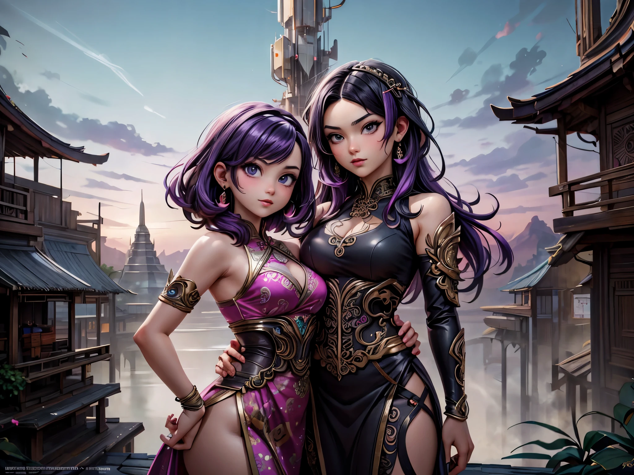 Anime - style illustration of two women with purple hair and black hair., Beautiful sisters in black and pink traditional Thai costumes, Arrogant demeanor, Magnificent and majestic, Steam Punk City on Background, Detailed digital anime art, Gouache style art, artgerm artgerm and wlop, Argerm style, High quality detailed artwork. 8k has a picture of an ancient Thai temple in the background.