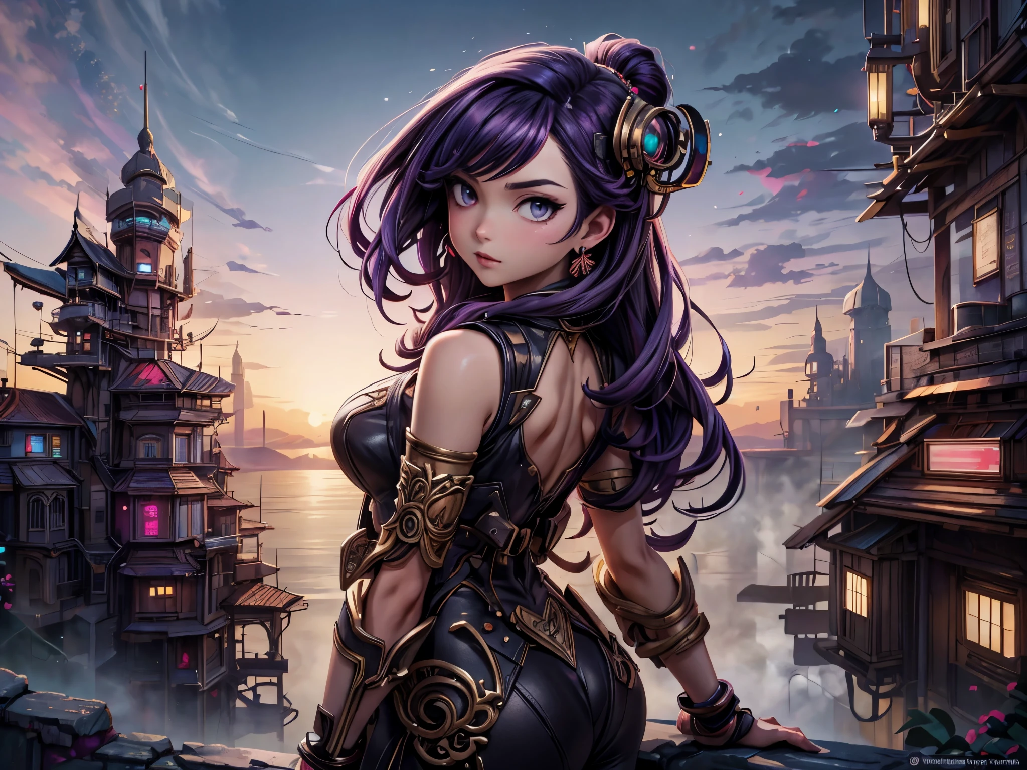 Anime - ilustración de estilo de dos mujeres con cabello morado y cabello negro., Hermosas hermanas con ropa tradicional tailandesa, vistiendo fajas negras y rosas., Comportamiento arrogante, Magnífico y majestuoso, Ciudad Steam Punk en el fondo, arte de anime digital detallado, Arte estilo gouache, artgerm artgerm y wlop, estilo argem, ilustraciones detalladas de alta calidad. 8k tiene imágenes de ruinas antiguas de fondo..