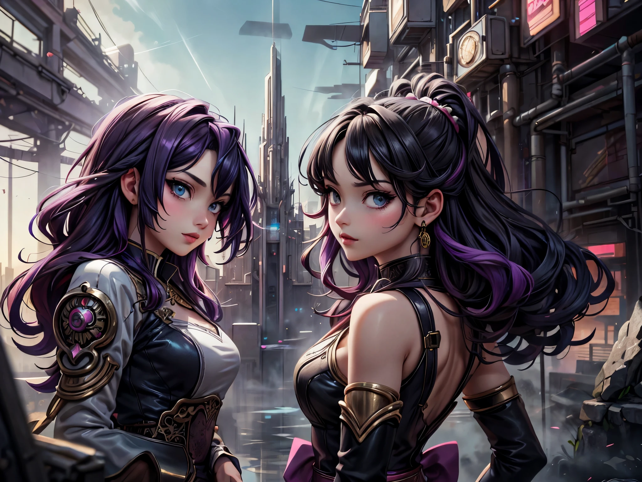 Anime - style illustration of two women with purple hair and black hair., Beautiful sisters in traditional Thai clothing, wearing black and pink sashes., Arrogant demeanor, Magnificent and majestic, Steam Punk City on Background, Detailed digital anime art, Gouache style art, artgerm artgerm and wlop, Argerm style, High quality detailed artwork. 8k has pictures of ancient ruins in the background.