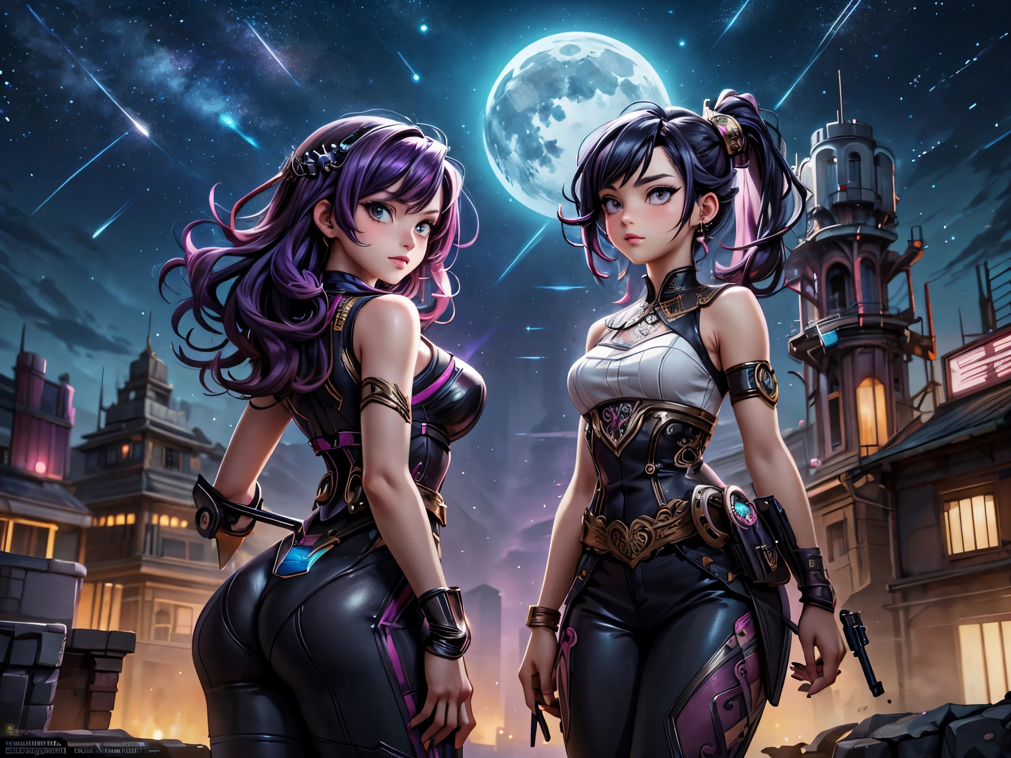 Anime - style illustration of two women with purple hair and black hair., Beautiful sisters in traditional Thai clothing, wearing black and pink sashes., Arrogant demeanor, Magnificent and majestic, Steam Punk City on Background, Detailed digital anime art, Gouache style art, artgerm artgerm and wlop, Argerm style, High quality detailed artwork. 8k has pictures of ancient ruins in the background., night time, Lots of shooting stars, moon in the sky