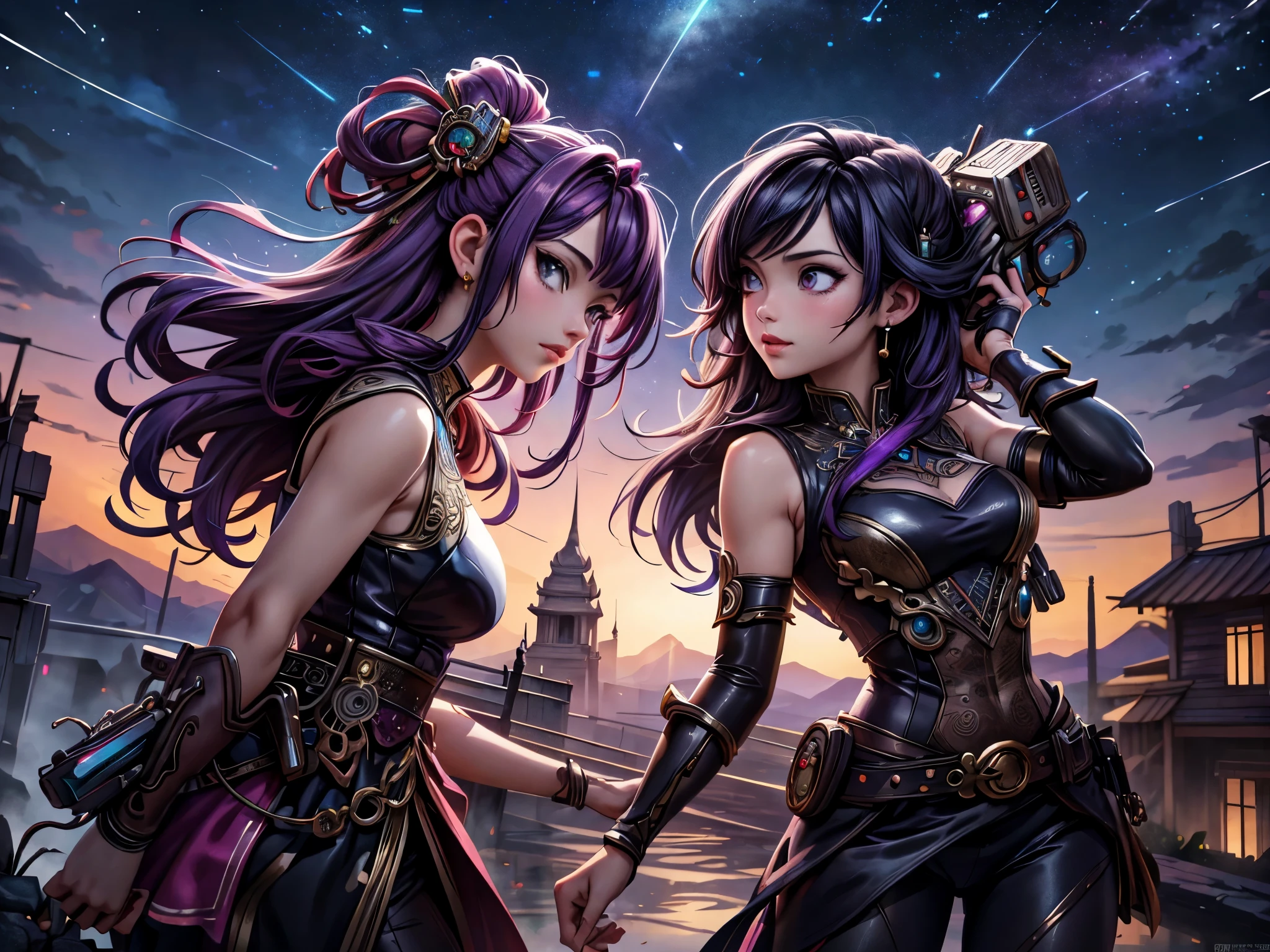 Anime - illustration de style de deux femmes aux cheveux violets et aux cheveux noirs., Belles sœurs en vêtements traditionnels thaïlandais, porter des écharpes noires et roses., Comportement arrogant, Magnifique et majestueux, Ville Steam Punk en arrière-plan, art animé numérique détaillé, Art de style gouache, artgerm artgerm et wlop, Style Argerme, Illustration détaillée de haute qualité. 8k a des photos de ruines antiques en arrière-plan., la nuit, Beaucoup d&#39;étoiles filantes, lune dans le ciel