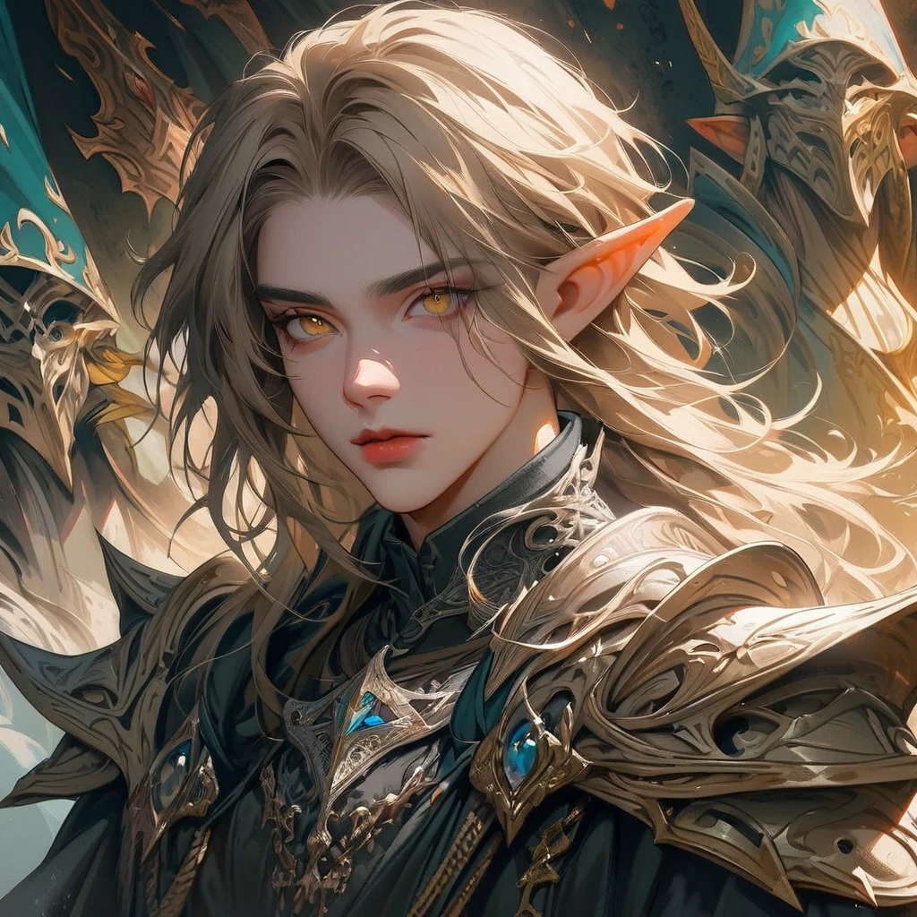 Donjons & dragons, Esthétique, Donjons anD dragons, palaDin portrait of a 2 4 years olD male evil elfe with short Dark blonDe hair, iris jaunes!! elfe, voyou, netteté, D & D, fantaisie, complexe, élégant, highly DetaileD, Digital painting, art