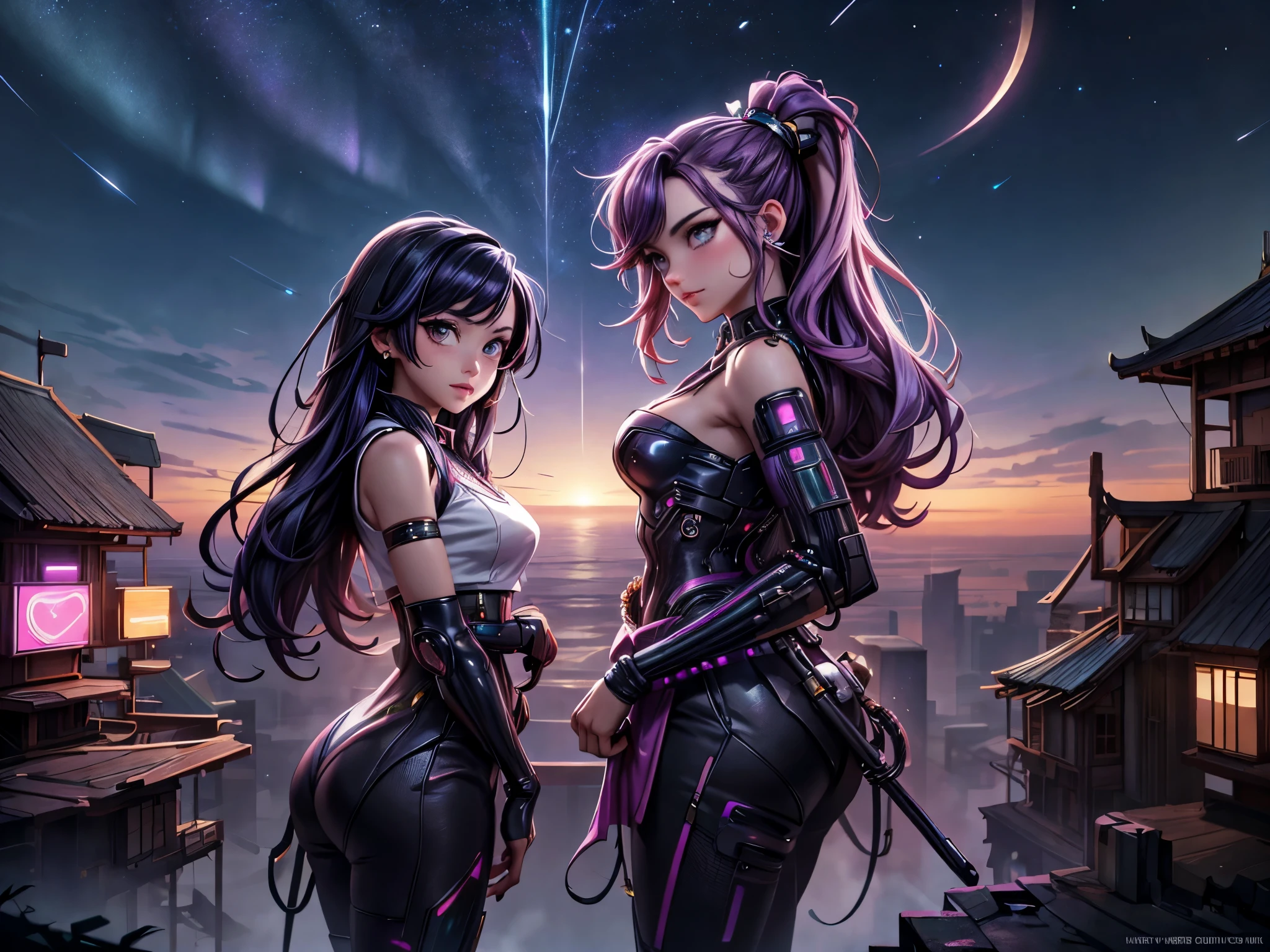 Anime - style illustration of two women with purple hair and black hair., Beautiful sisters in traditional Thai clothing, wearing black and pink sashes., Arrogant demeanor, Magnificent and majestic, Steam Punk City on Background, Detailed digital anime art, Gouache style art, artgerm artgerm and wlop, Argerm style, High quality 8k detailed artwork. , There is a Cyber Punk skyscraper in the background., Aurora, Crescent moon, Many shooting stars in the sky