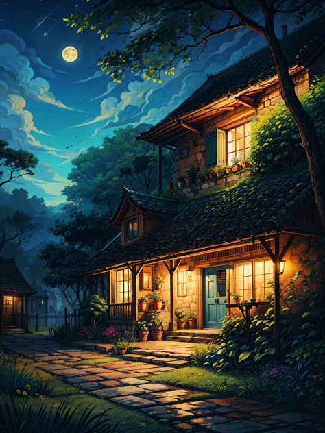 front view, a beautiful cottage, red car parked outside, moon, yellow bougainville flowers, lush green tree branches, dim light ...