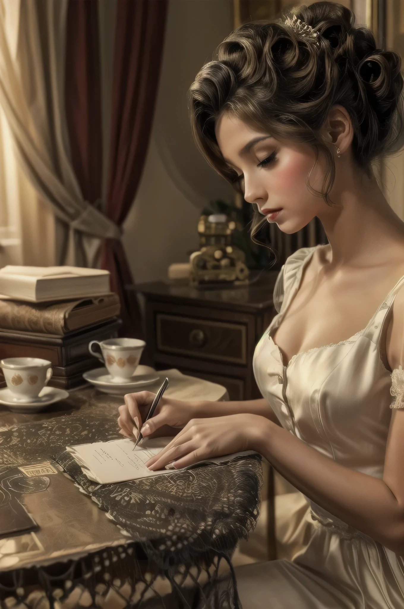 有一個女人坐在桌邊在一張紙上寫字, 寫一封信, 復古與浪漫主義, 優雅的女孩, 浪漫風格, 優雅的工作室, 維多利亞風格, 一個美麗的維多利亞時代的女人, 優雅的女人, 精緻貴族, 優雅的肖像, 維多利亞時代的女士, 浪漫主義肖像, 優雅的女士, 復古攝影, 穿著優雅的連身裙, 復古妝容, 很漂亮的女孩, 從20世紀40年代開始, 20世紀40年代的連身裙, 坐在一個小房間裡, 看一個郵政信封, 40年代電影場景, 40年代風格的家具, 超真實影像, 角度概述, 漂亮的臉蛋, 美麗的姿勢, 精緻的輪廓, 夢幻般的樣子, 場景, 柔和色彩的家具, 40 年代的連身裙.