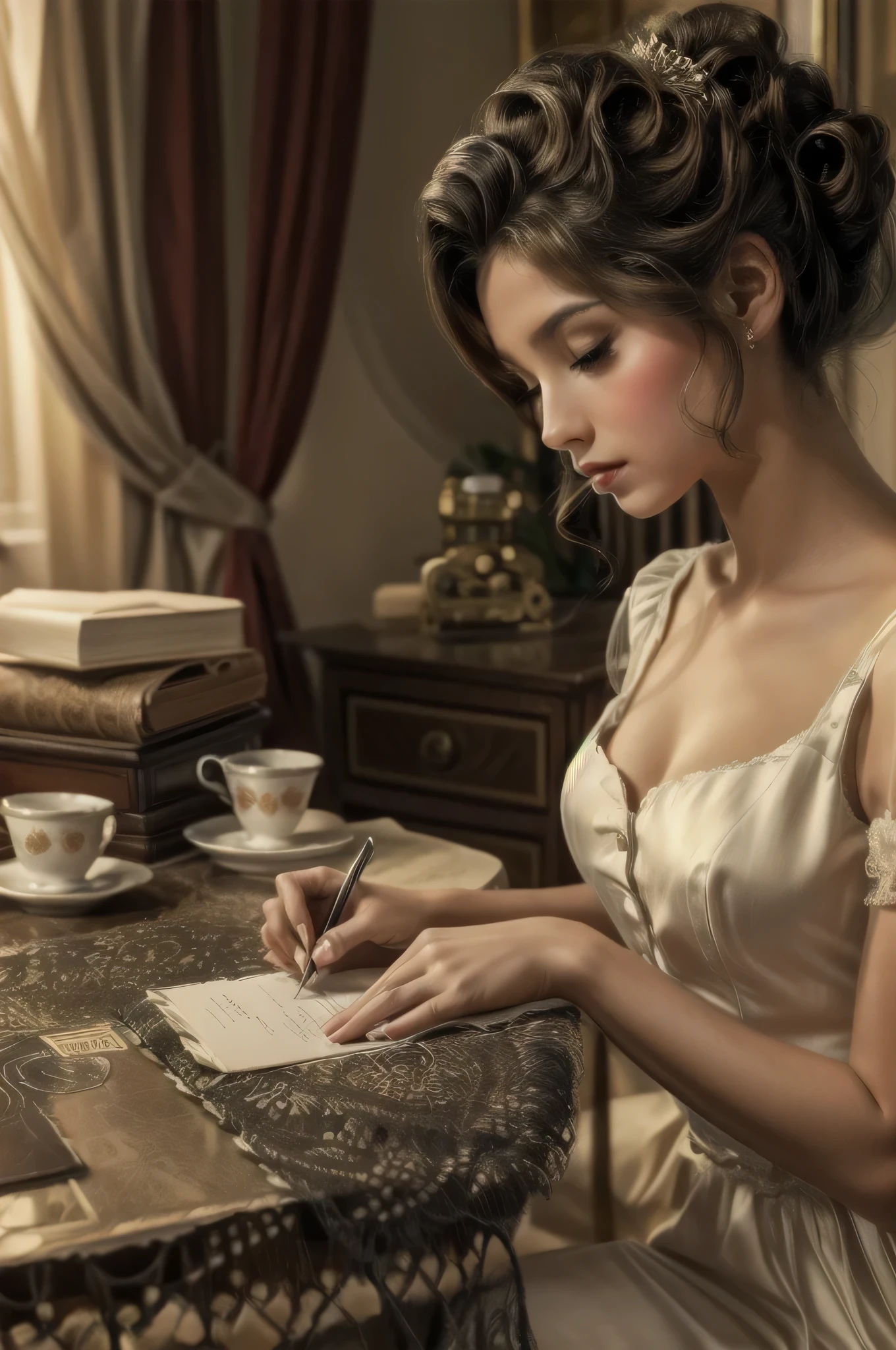 hay una mujer sentada en una mesa escribiendo en un trozo de papel, Escribir una carta, retro vintage y romanticismo, elegant girl, en estilo romántico, estudio elegante, estilo victoriano, una hermosa mujer victoriana, mujer elegante, exquisito aristocrático, retrato elegante, dama victoriana, retrato romanticismo, dama elegante, fotografía antigua, usando un vestido elegante, maquillaje vintage, muchacha muy bella, de la época de los años 40, vestido de la década de 1940, sentado en una pequeña habitación, lmira un sobre de correos, escena de la película de los años 40, muebles estilo años 40, imagen hiperrreal, panoramica angular, bello rostro, bella pose, perfil delicado, mirada de ensueño, escenagrofia, muebles cilores pasteles, vestido de los años 40.