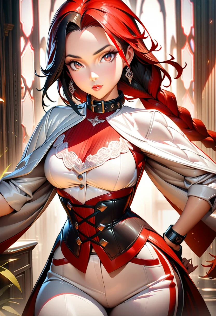 1 girl, Portrait of beautiful lobapex, Athletic, white jacket, corset, skirt, trousers, black hair, Red hair, braid, cosmetic, collar, split, wide hips, Volumetric lighting, best quality, masterpiece, intricate details, Tone mapping, sharp focus, Super detailed, Popular topics on ArtStation, actual  