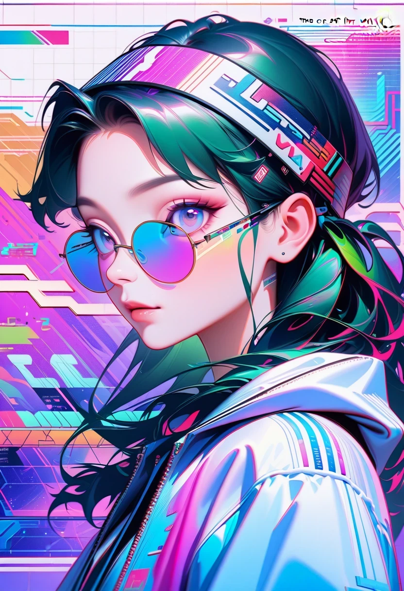 Close-up of person wearing headband, The art of math inspired by Yanjun Cheng, Douban, The art of math, Vibrant fan art, Lofi portrait, guweiz style artwork, new vapor wave, colorful numbers, Internet aesthetics, kpop idol portrait, yanjun chengt, Digital animation illustration, NFT portrait, Digital Cyberpunk Anime Art.