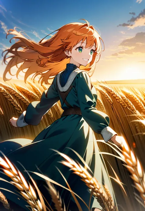 1 girl, alone, long orange hair, running, (high wheat field), turn around, emerald eyes, long blue dress, middle ages, middle ag...