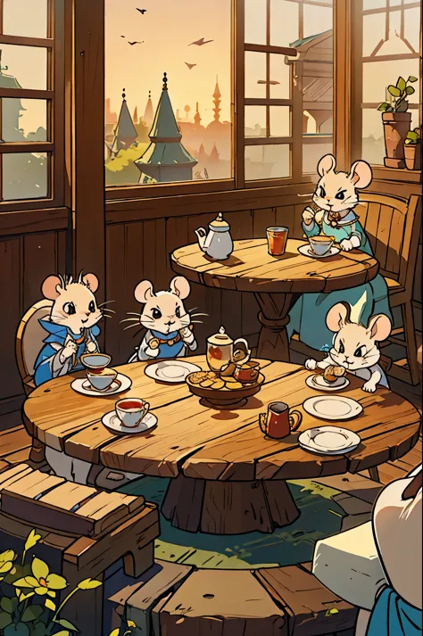3 mice drink tea with cookies at a round table 