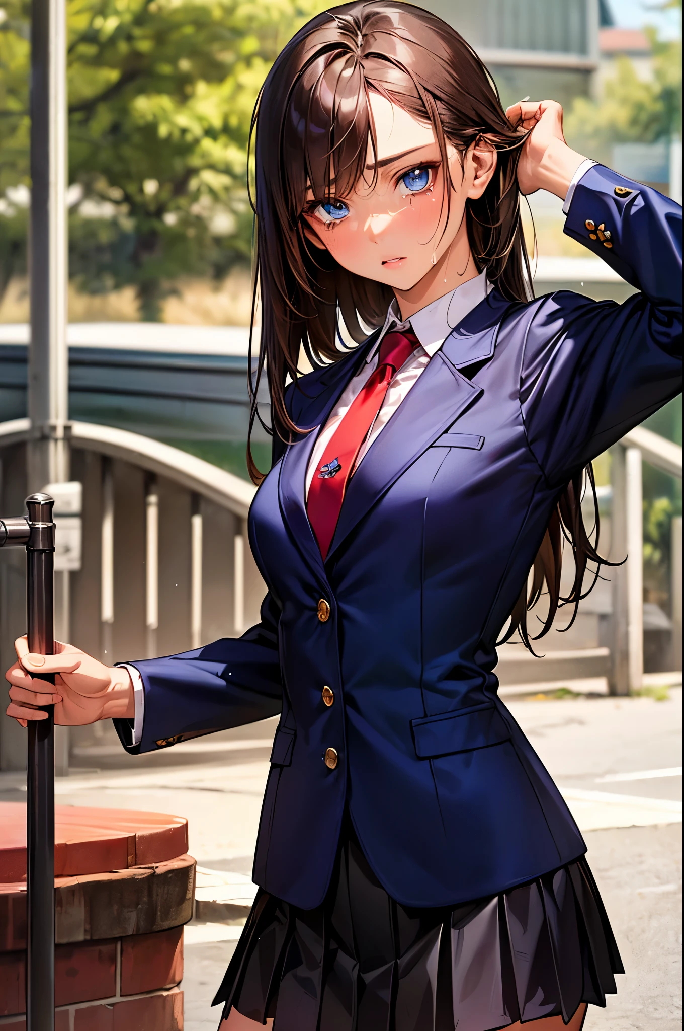 Anime girl in a blue suit and red tie posing for a picture - SeaArt AI