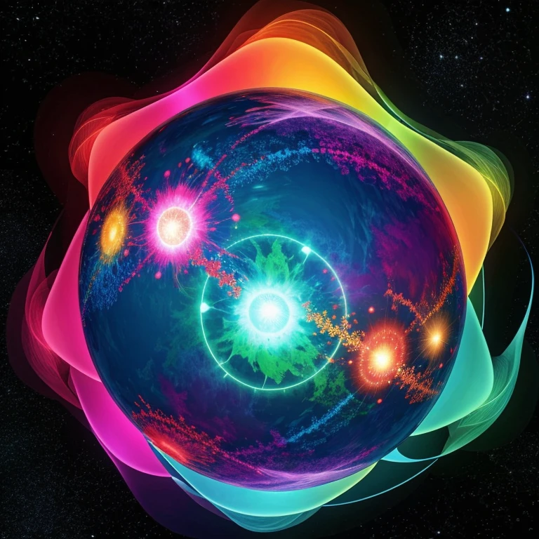 A glowing abstract sphere in flamboyant colors floating in infinite cosmic space