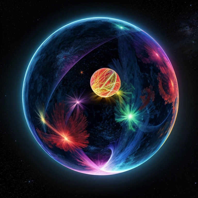 A glowing abstract sphere in flamboyant colors floating in infinite cosmic space