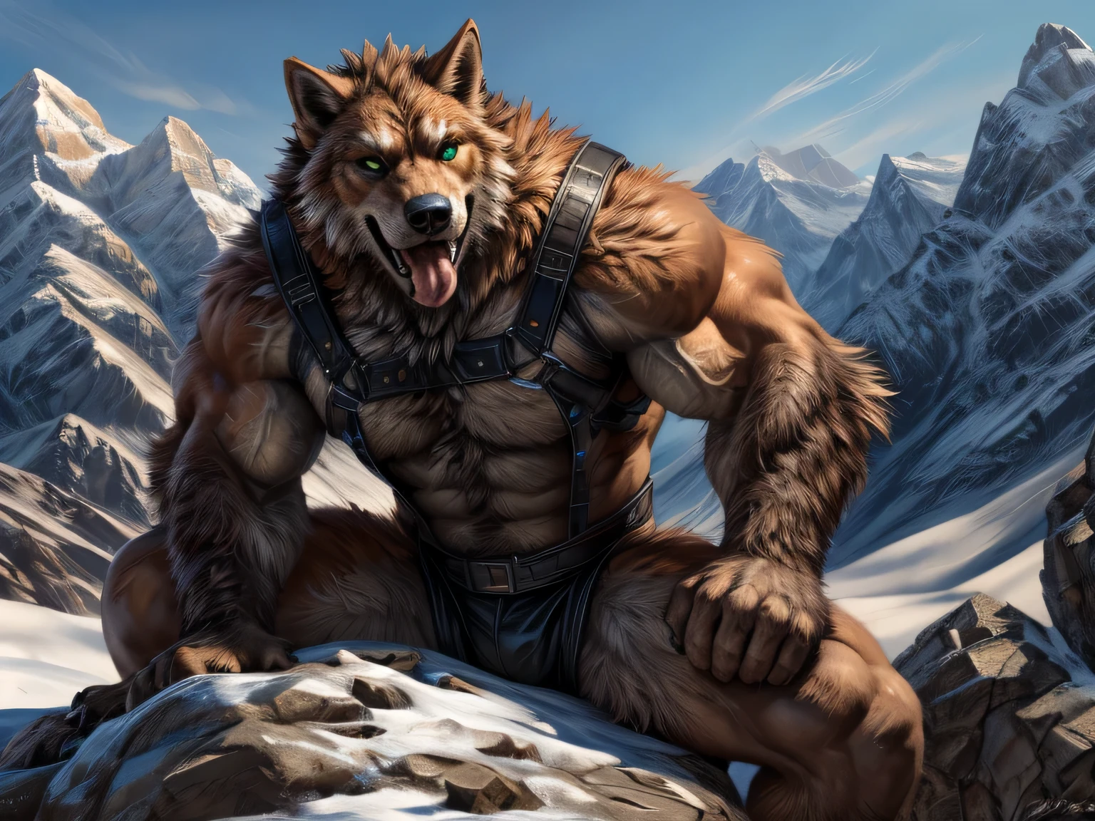 very muscular werewolf, flexing muscles, green eyes, realistic eyes, detailed eyes, pupil, detailed pupil, eyes looking at camera, orange fur, white chest fur, black beard, very furry, standing on top of a mountain, wearing climbing harness. 4k, high resolution, best quality, perfect colors, perfect shadows, perfect lighting, posted on e621, furry body, anthro body, anthro werewolf, werewolf, solo, male, adult, dad body, masculine, (very muscular, large muscles, buff:1.2), correct anatomy, (photorealistic fur, detailed fur, epic, masterpiece:1.2), (detailed mountain background, on top of the mountain, clouds, nature landscape, snow, winter), sexy shadows, (by echin, by Taran Fiddler, by Juiceps, by Rukis), (detailed eyes:1.2), impressive physique, confident pose, strong pose, confident face, proud, looking at camera, close to camera, happy, chest, (open mouth, tongue), pectorals, (front-angle shot:1.2), biceps, flexing, bodybuilder, sitting in a rock, looking at camera
