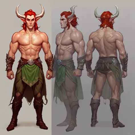 Dungeons & Dragons, aesthetic, dungeons and dragons, Character design sheet of male half elf horned warrior, bodybuilder physiqu...