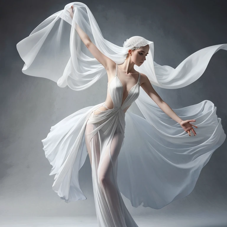 Ethereal dancer with long veils moving through the air