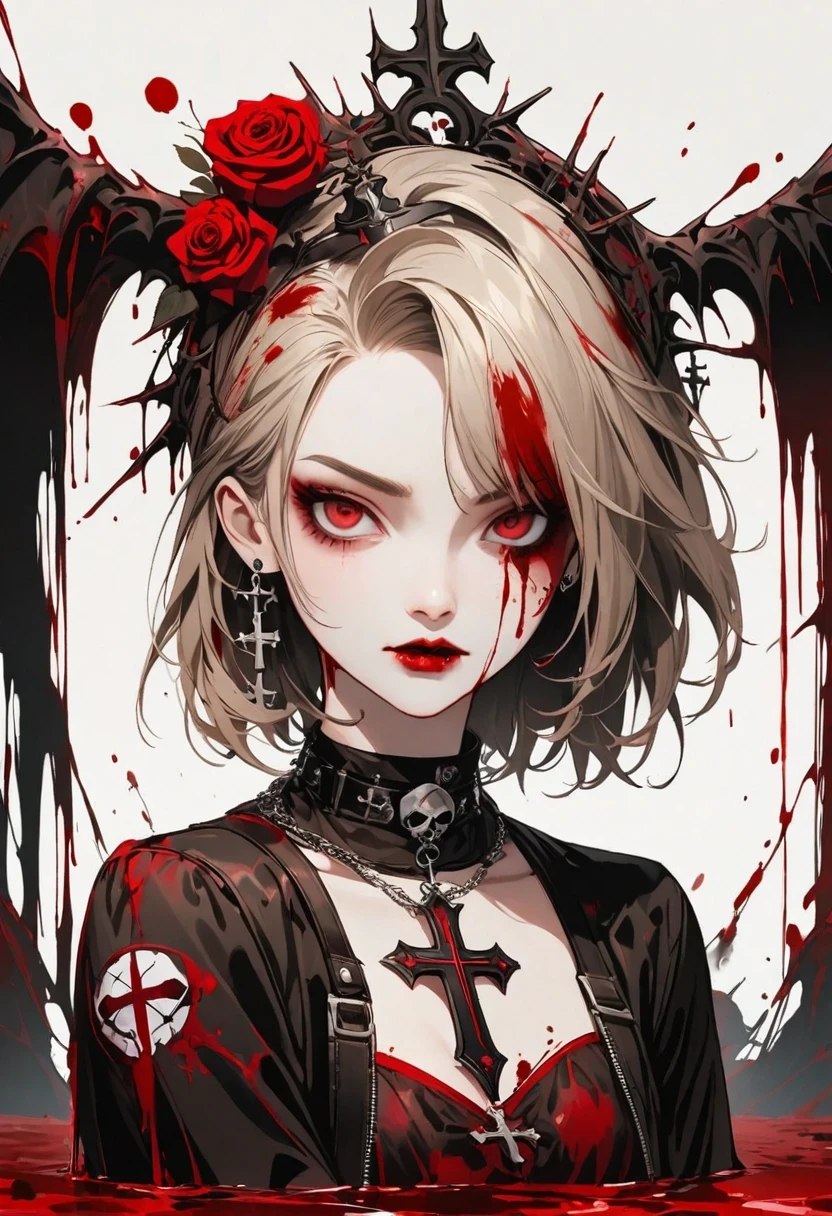 Alafd image，One was wearing a black robe、Girl holding red roses, blood spatter，blood pool，cross，Gothic elements，Beautiful goddess of death, a scary, portrait of death, A harbinger of death, punk ,
