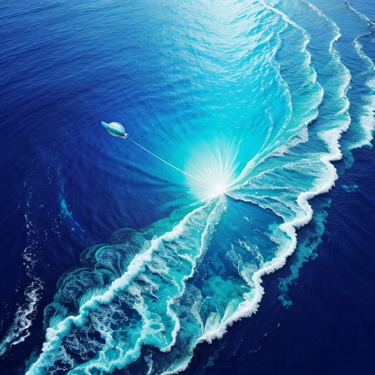 A deep, bluish ocean with a luminous, iridescent air bubble floating towards the surface.