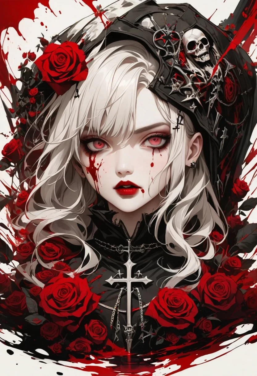 Alafd image，One was wearing a black robe、Girl holding red roses, blood spatter，blood pool，cross，Gothic elements，Beautiful goddess of death, a scary, portrait of death, A harbinger of death, punk ,
