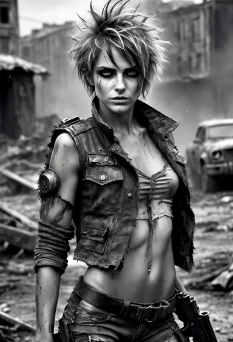 photorealistic, (Masterpiece photo in shades of gray, woman with disheveled hair and tiny post-apocalyptic clothes), cute sexy, ...
