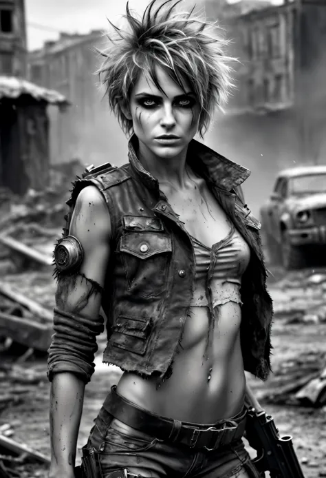 photorealistic, (masterpiece photo in shades of gray, woman with disheveled hair and tiny post-apocalyptic clothes), cute sexy, ...