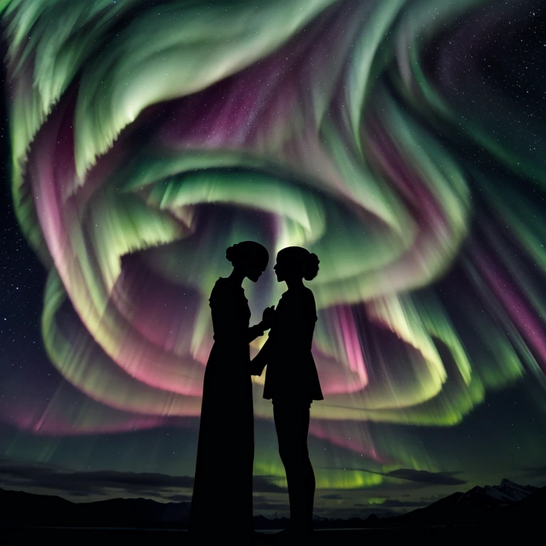 Two translucent humanoid silhouettes embracing, composed of stellar nebulae and aurora borealis