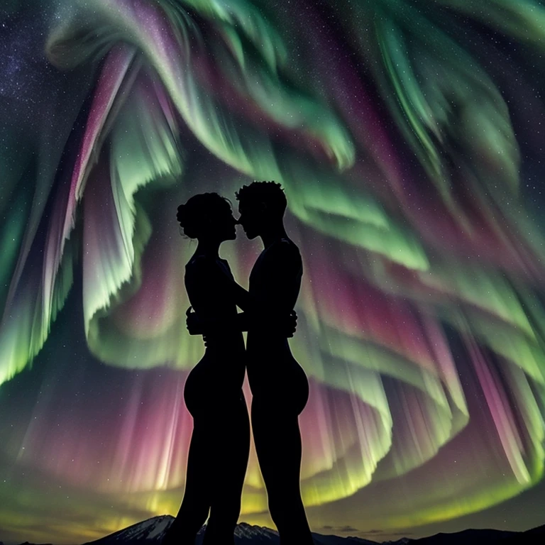 Two translucent humanoid silhouettes embracing, composed of stellar nebulae and aurora borealis