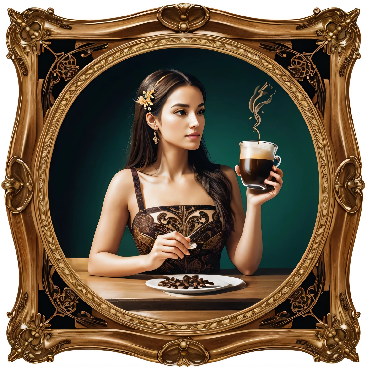 A stunning piece of concept art featuring a luxurious art nouveau square type frame with the highest possible contrast, featuring intricate undulations. The frame is decorated with flourishing coffee leaves and flowers as well as finely crafted coffee beans, decorated with detailed patterns and colors and delicate curved lines. In the center, there is a round, white, empty hole, occupying 80% of the frame. The background of the image is a wood-colored background. The overall design exudes elegance and sophistication. The image should have extremely balanced lighting to make details visible across the entire model, with very clear and sharp edges and textures. The design should feature strong shadows and intense highlights to accentuate different levels and surfaces, ensuring that no details are obscured. The overall composition exudes a sense of elegance and sophistication, emphasizing the intricate details and overall balance of the design. The overall composition is vibrant and inviting, capturing the essence of a perfect coffee break.