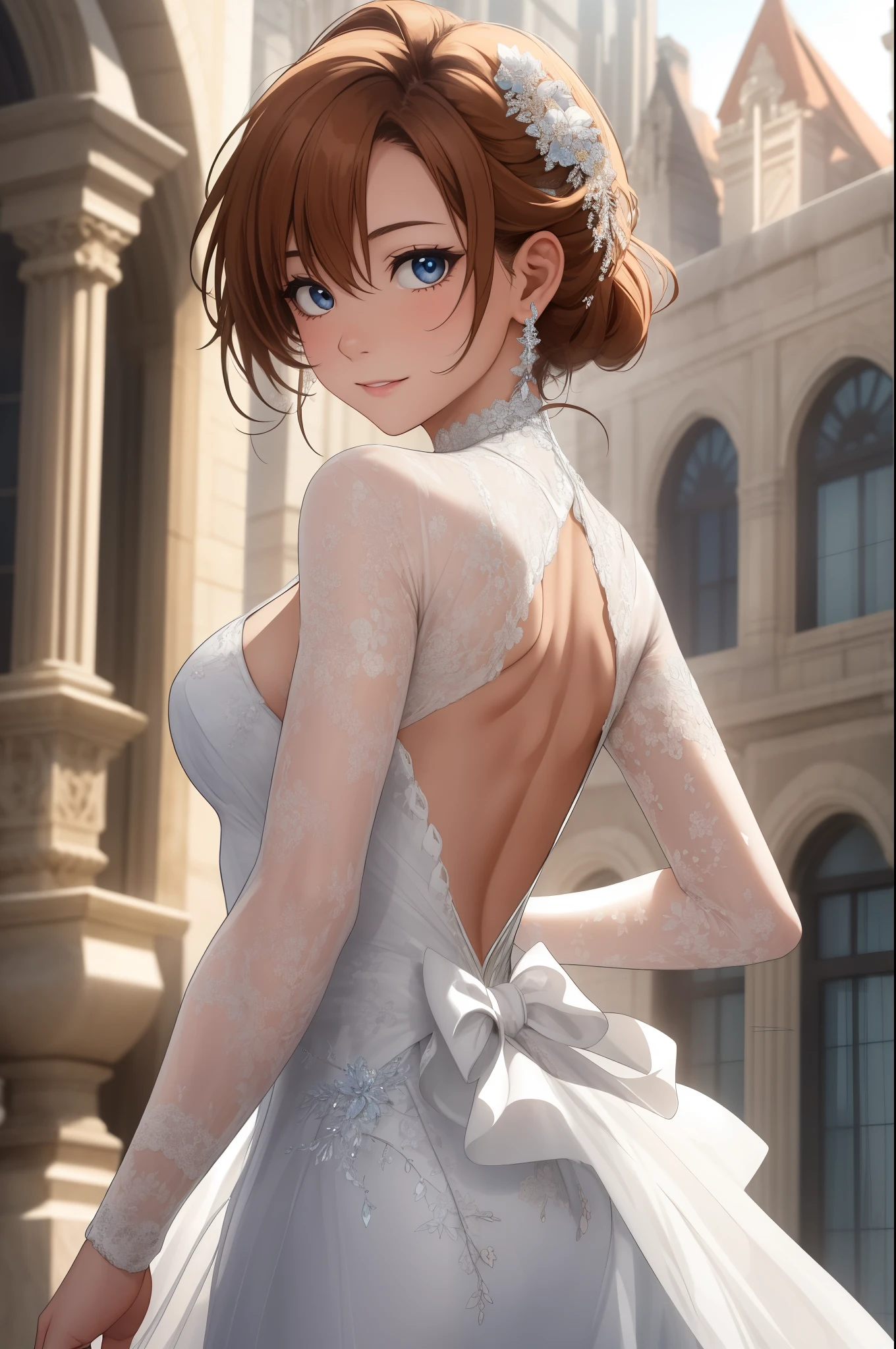 Kousaka honoka,wearing a luxurious dress, exquisitely designed with intricate patterns of light pink lace adorning her body. The dress features a captivating silhouette with sheer sleeves delicately draping over her arms.

Her lustrous sun-kissed hair intertwines in an eye-catching hairstyle, elegantly wrapped back with some strands cascading freely over your shoulders, adding an unmatched elegance to her look.

Standing in an upscale setting, your appearance is complemented by your enchanting facial expressions. Her eyes sparkle with happiness and confidence, while her soft smile reflects an unparalleled charm. Her elegant and poised pose highlights her beauty and femininity with grace and sophistication befitting the upscale location her inhabit.

This vision embodies the epitome of elegance in all its forms, showcasing natural beauty in its finest form.