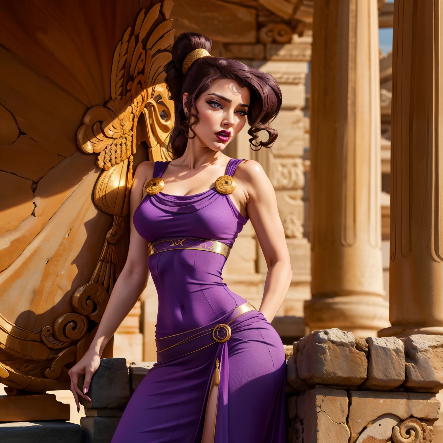 Megara, bare shoulders, long purple dress, insanely detailed and intricate, High quality, high coherence, anatomically correct, looking at the camera, seductive pose,sexy face, ancient Greece temple, hypermaximalist, sensual, beautiful, super detailed  