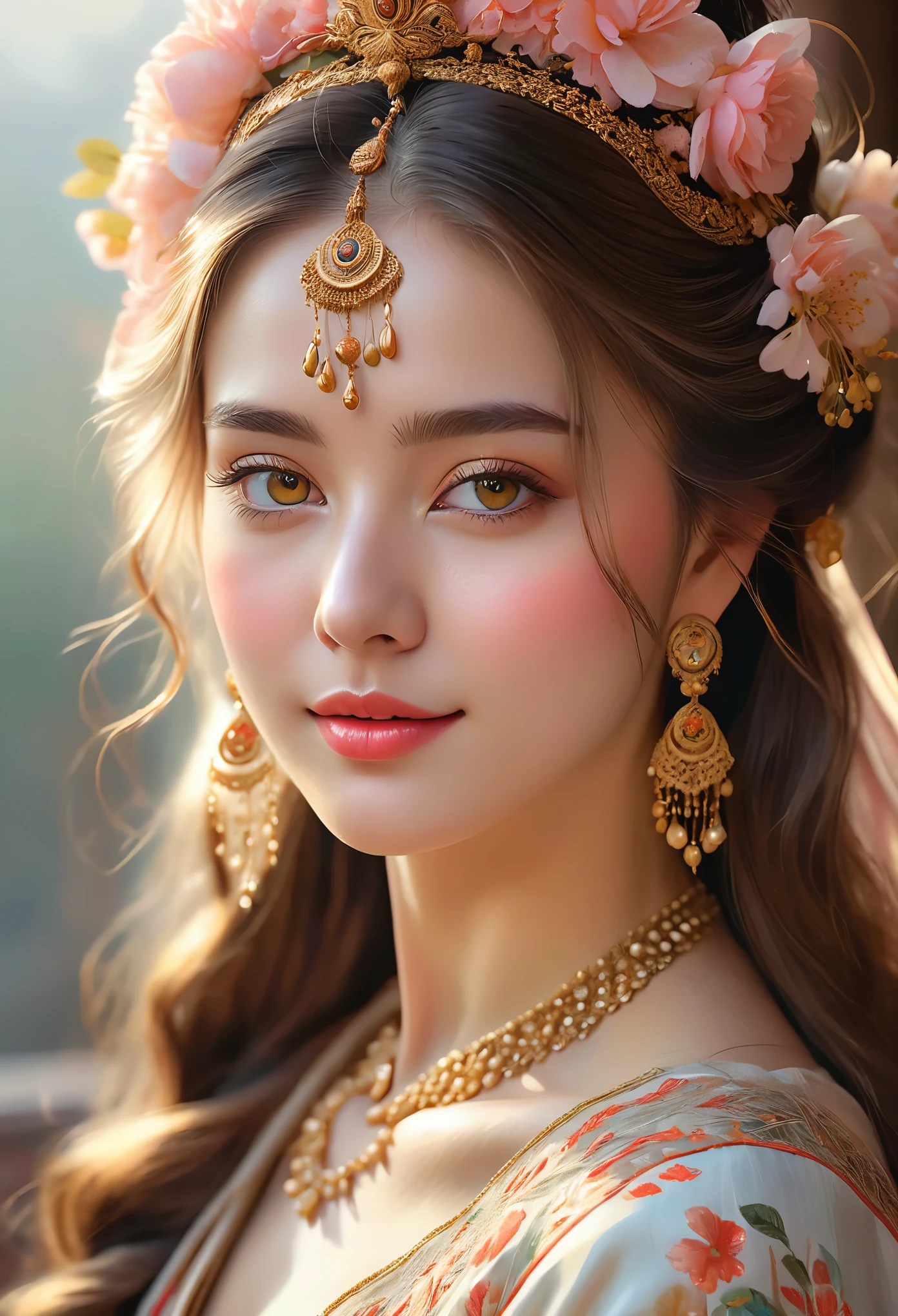 (high quality, 4k, realistic), (oil painting), (vivid colors), (fine brushstrokes), (soft lighting), (subtle expression), (traditional clothing), (ornate headpiece), (beautiful eyes), (rosy cheeks), (long flowing hair), (delicate features), (slight smile), (natural background), (golden light), (captivating gaze), (graceful pose), (enhanced contrast), (texture details), (focused attention on face), (subtle hints of traditional patterns), (subdued color palette), (sublime beauty), (nostalgic atmosphere), (ethereal quality), (dreamlike ambiance), (elegant composition), (meticulous attention to detail), (timeless elegance), (emotional depth), (mesmerizing presence), (intense but gentle aura), (engaging and alluring), (masterpiece:1.2), (ultra-detailed), (photo-realistic:1.37