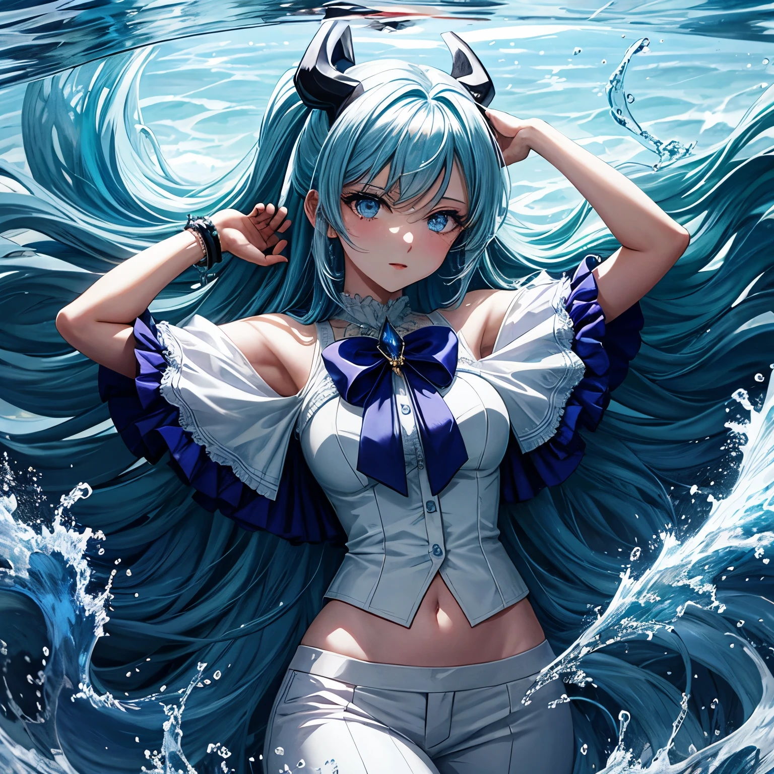 Title: "Anime Girl with Blue Long Hair and White Blouse and Pants, Devil Horns Accessory"

Description:
A captivating anime-style girl graces the frame with her enchanting presence, dressed in a simple yet elegant ensemble. Her long, flowing blue hair, akin to cascading waves, adorns her shoulders and frames her expressive face. Her attire consists of a pristine white blouse with delicate frills at the cuffs, showcasing her arms, and a pair of fitted pants that accentuate her slender figure. An accessory of intrigue catches the eye - a pair of devil horns, bejeweled and bedazz