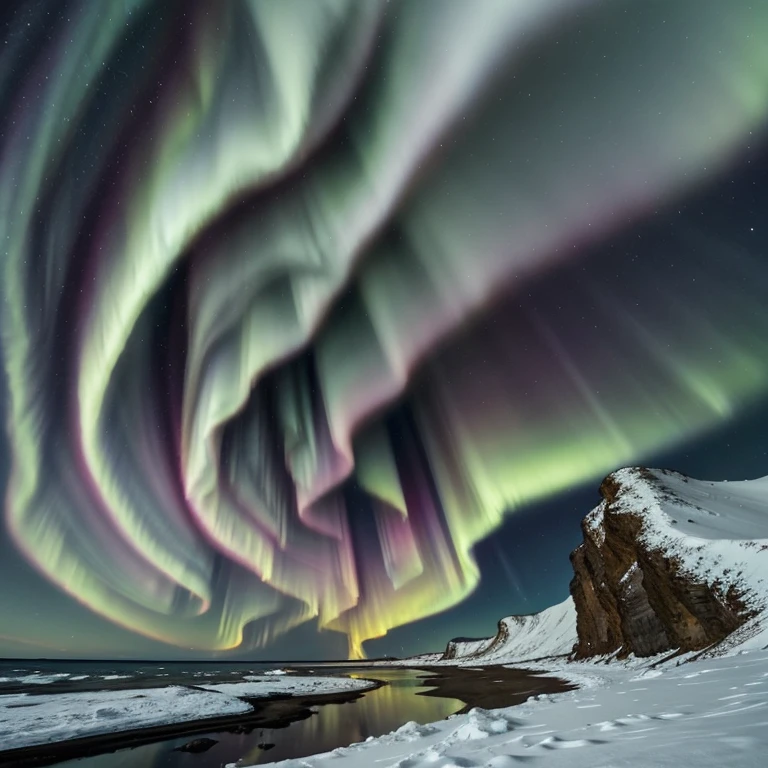 Immense coloured cliffs drifting in a sky of shifting auroras