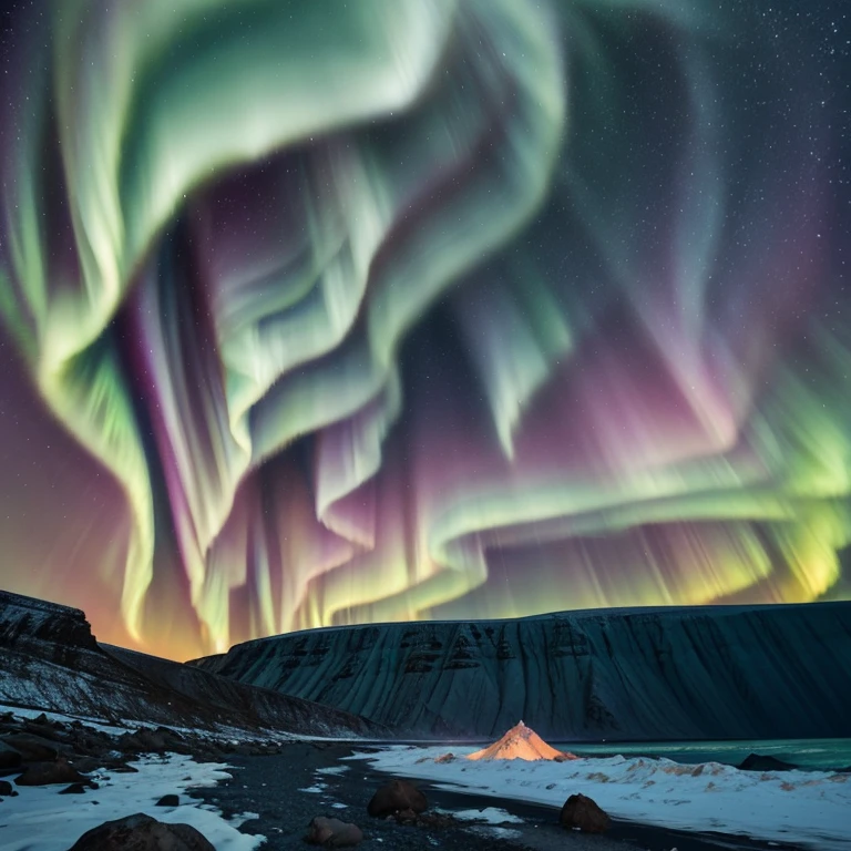 Immense coloured cliffs drifting in a sky of shifting auroras