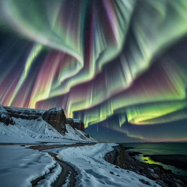 Immense coloured cliffs drifting in a sky of shifting auroras