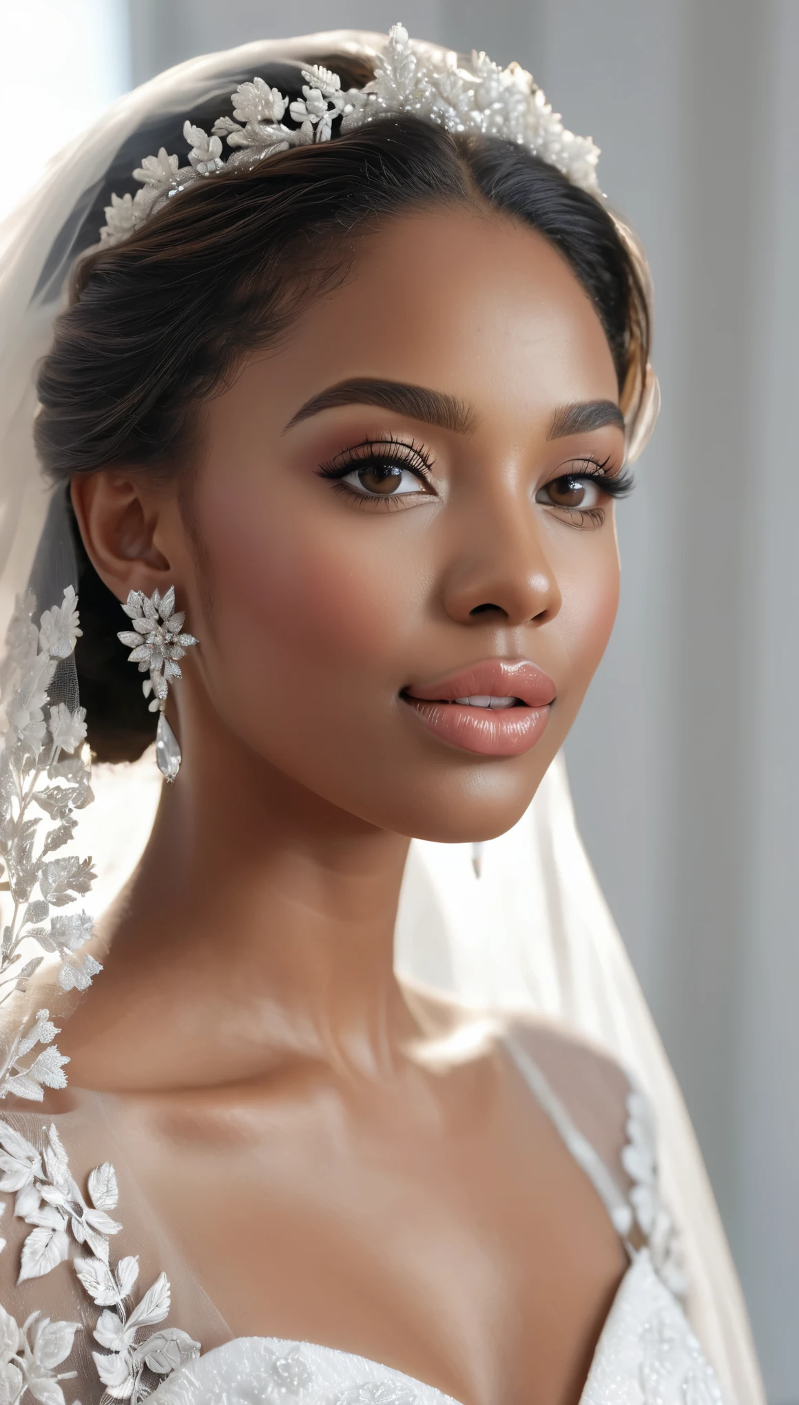 (best quality,4k,8k,highres,masterpiece:1.2),ultra-detailed,(realistic,photorealistic,photo-realistic:1.37),portraits,bride,wedding dress,beautiful detailed eyes,beautiful detailed lips,african girl,shite bride dress,longeyelashes,young,joyful expression,delicate lace details,veil flowing in the wind,soft natural light,pure white background,subtle blush on cheeks,sparkling diamond earrings,lovely flower bouquet,romantic atmosphere