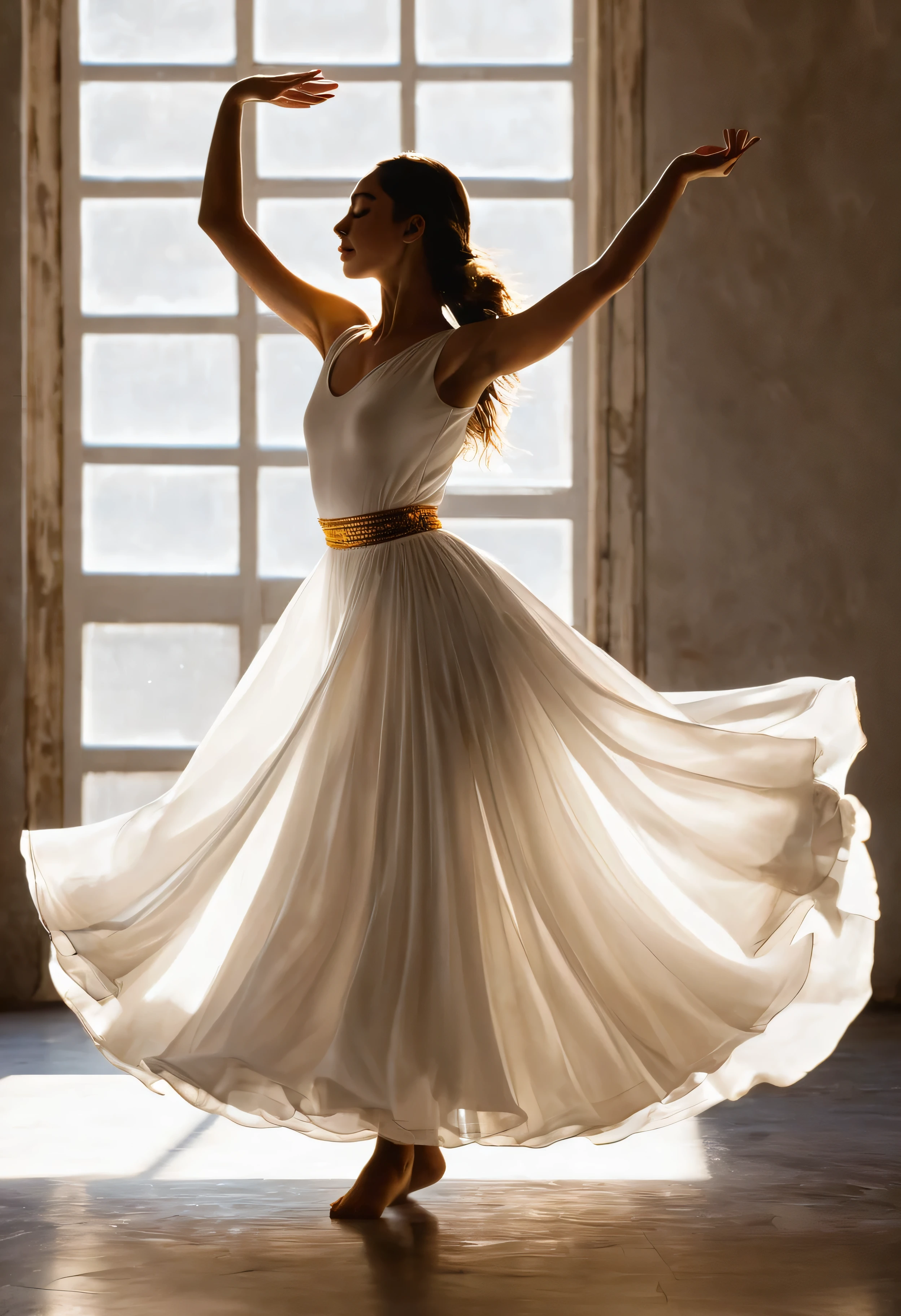 The image captures a moment of pure elegance and grace. O sujeito, uma jovem mulher, is in the middle of a dance, your body positioned in a dynamic pose that suggests movement and energy. She is adorned in a white dress, its golden details adding a touch of sophistication. O vestido, with your flowing skirt, It&#39;s a testament to the fluidity of your dance.

His arms are raised, mirroring the upward movement of your dance, and his eyes are closed, indicating a moment of intense concentration or perhaps a moment of pure joy. Sunlight coming in from the side casts a warm glow on her, highlighting your features and adding depth to the image.

O fundo contrasta fortemente com o assunto, com suas cores escuras e suaves, allowing the viewer&#39;s attention to remain focused on the woman and her dance. The overall composition of the image, with its careful balance of light and shadow, cor e contraste, creates a visually stunning scene that captures the essence of grace and beauty in motion.