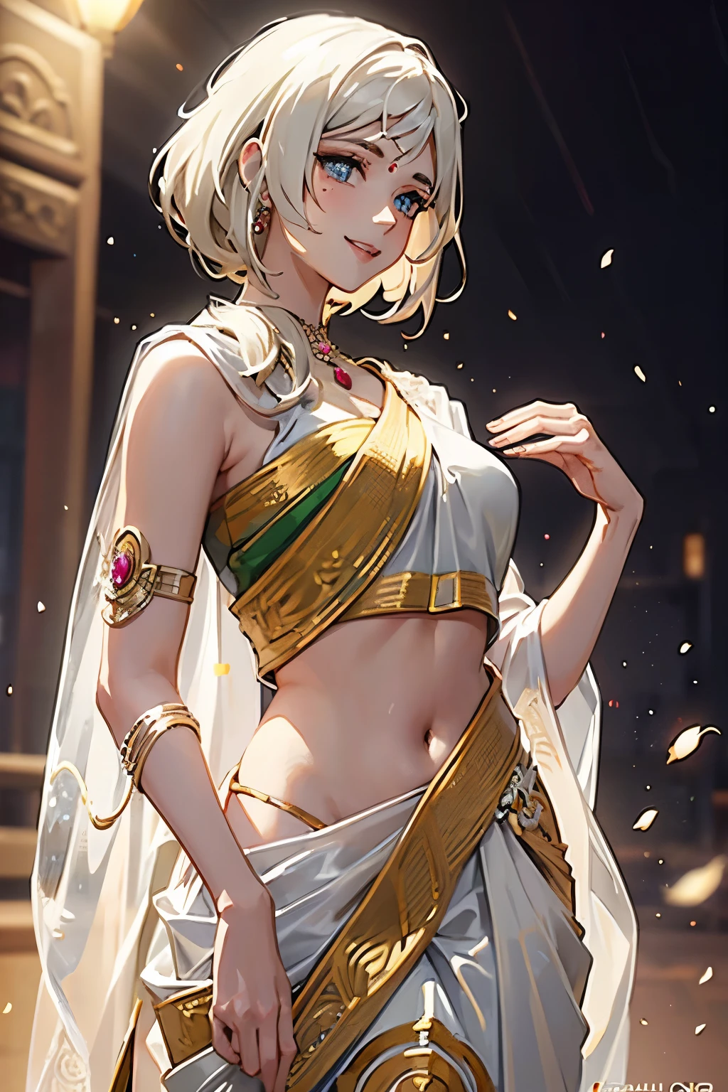 Deadlock, anime style woman, clear skin, white pale hair, beauty, side profile, smiling, kind smile, wearing a saree, saree side, beautiful, traditional beauty, high details, simple flow art, digital art, masterpiece, highres