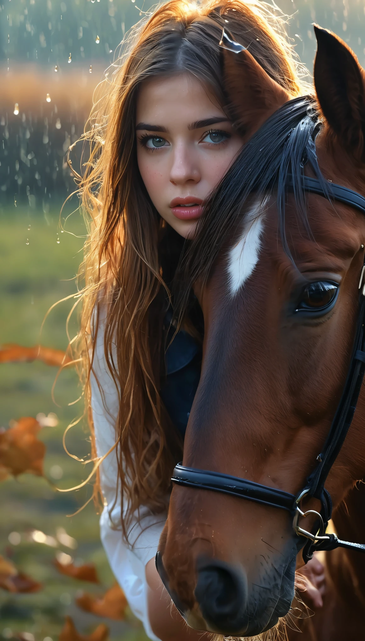 (best quality,4k,8k,highres,masterpiece:1.2),ultra-detailed,(realistic,photorealistic,photo-realistic:1.37),girl in a horse,beautiful detailed eyes,beautiful detailed lips,extremely detailed eyes and face,long eyelashes,autumn colors,falling leaves,soft sunlight,sadness,raining,horse with flowing mane,emotionally expressive girl,lonely girl in a vast field,moody atmosphere,dramatic lighting,subtle mist,damp ground,melancholic mood,color palette of warm earth tones,subdued colors,elegance of nature's fading beauty,gentle sorrow,quiet strength,captivating serenity,deep contemplation,horseback riding in the rain,reflections of the girl and horse in puddles,windblown hair,blurred raindrops in the foreground,ethereal beauty,almost magical,poetic melancholy,nostalgic aura,emotional connection between the girl and the horse.